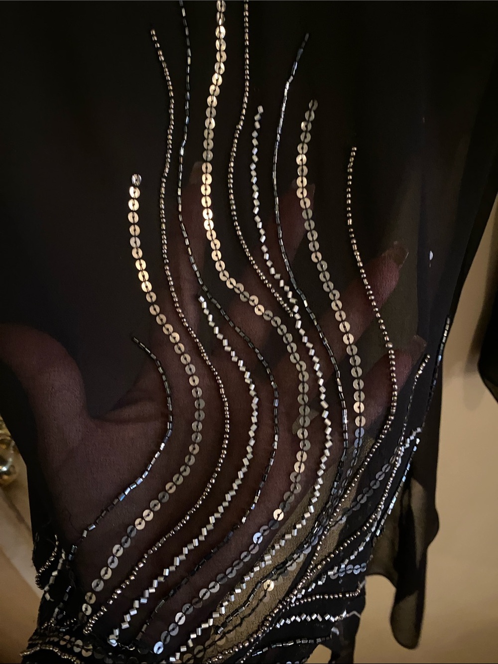 Elegant Black Sheer Mesh Evening Blouse with silver and Gold Sequin Embroidery - Picture 2 of 9